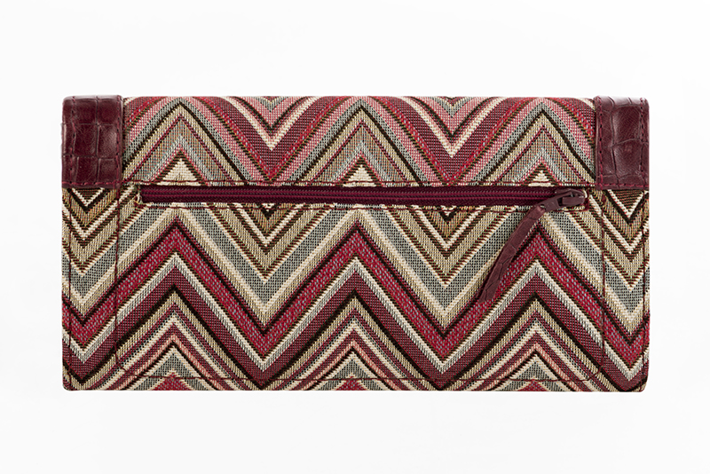 Fuschia pink, burgundy red and gold women's dress handbag, matching pumps and belts. Rear view - Florence KOOIJMAN
